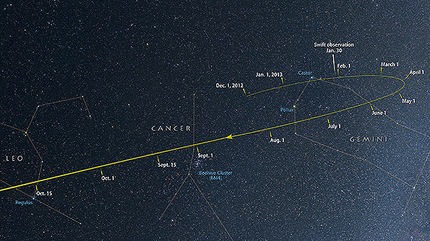 Desde ahora y hasta octubre, el cometa ISON navegará a través de las constelaciones de Géminis, Cáncer y Leo a medida que se aproxima al Sol.