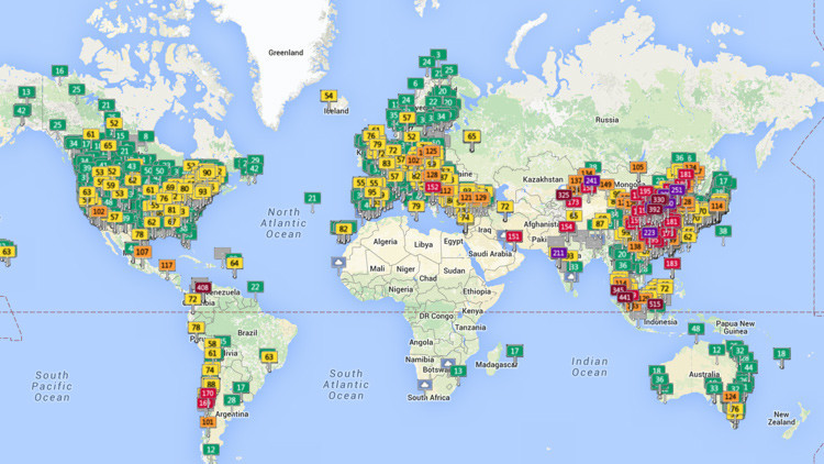 El mapa interactivo muestra en vivo los niveles de la polución en las ciudades del mundo