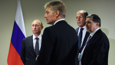 El presidente de Rusia, Vladímir Putin, el ministro de Exteriores Seguéi Lavrov, su asesor Yuri Ushakov y su portavoz Dmitri Peskov en la ONU.