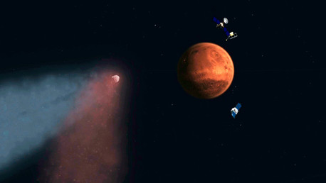 Um artista desenhou um cometa se aproxima de Marte, cercado por satélites artificiais.