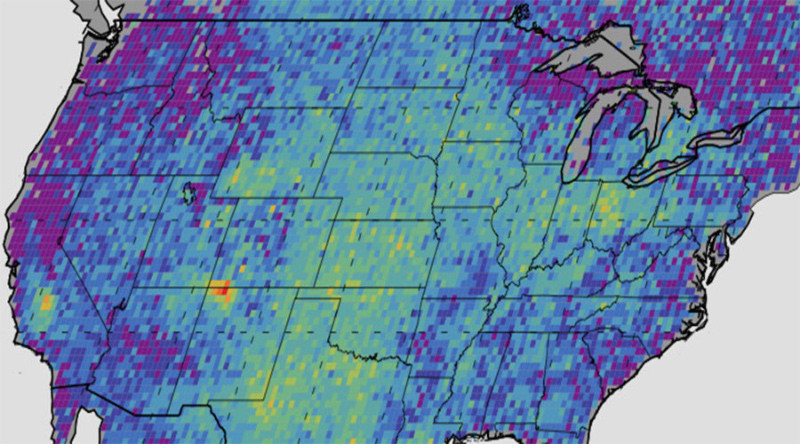 El mapa demuestra las fugas de metano  anómalos en EE.UU entre 2003 y 2009 medidas por European Space Agency's SCIAMACHY instrument. © NASA /J PL-Caltech / University of Michigan
