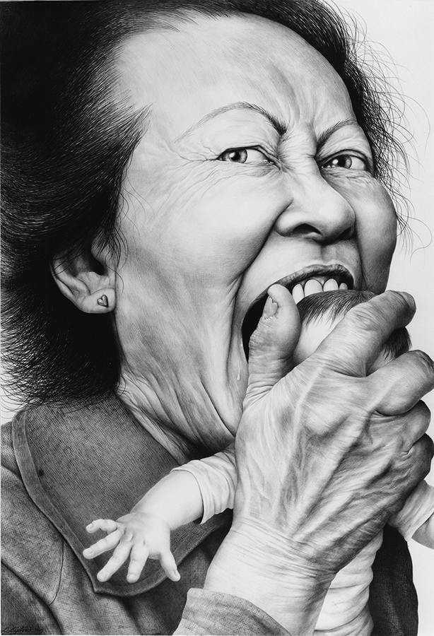Laurie Lipton, dibujo a lápiz, 'Love Bite 2002' ('La mordedura del amor 2002'), carboncillo y lápiz, 137.4x96.5cm / 54"x38"