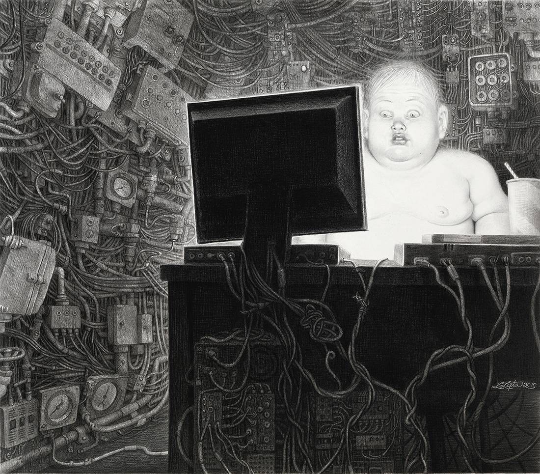 Laurie Lipton, lápiz, dibujo, 'Info Glut 2010' ('El exceso de información 2010'), carboncillo y lápiz sobre papel, 50.5x58 cm / 20x23"