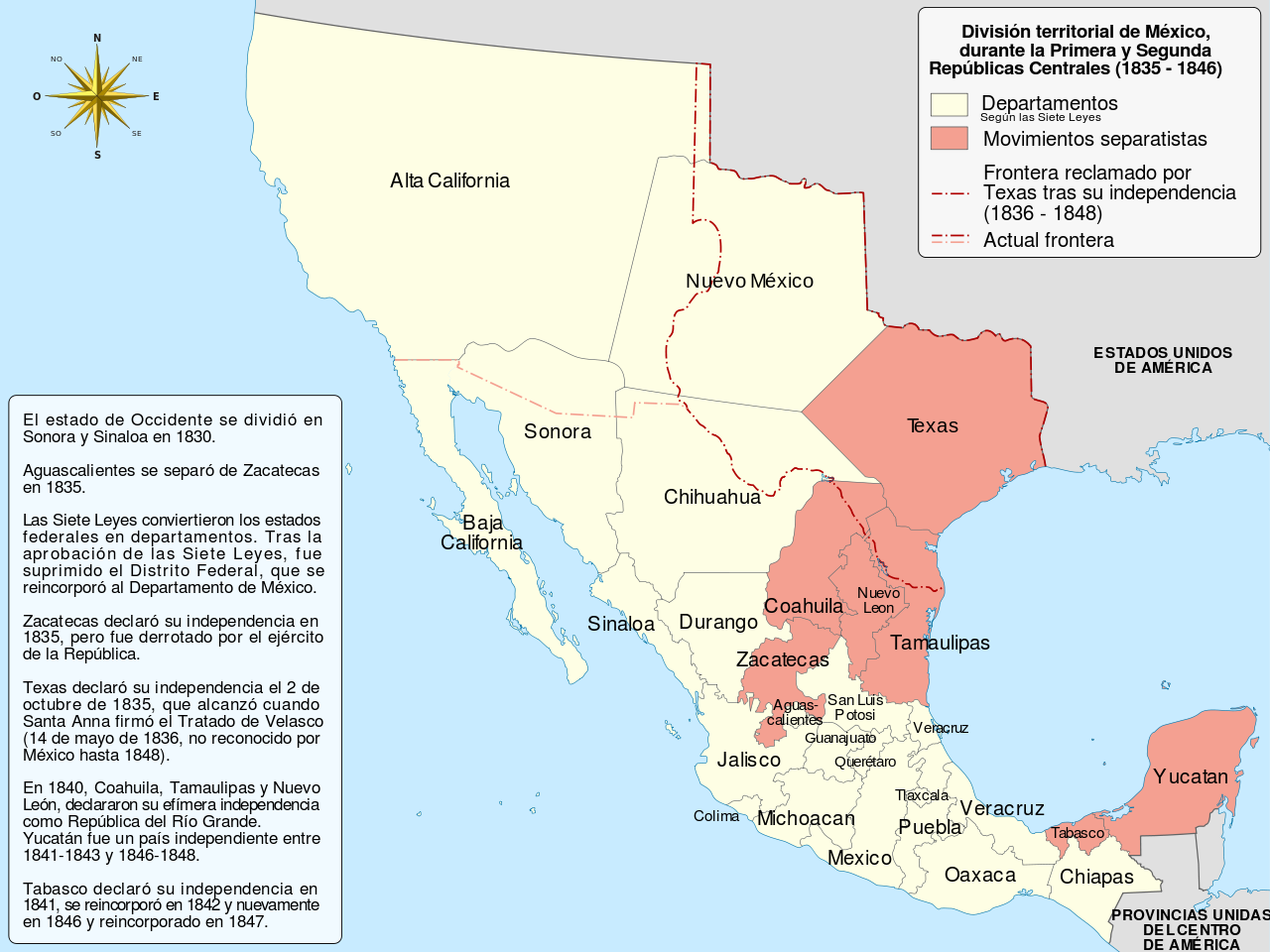 Mapa de la organización territorial de México durante las Repúblicas Centralistas (1835-1846)