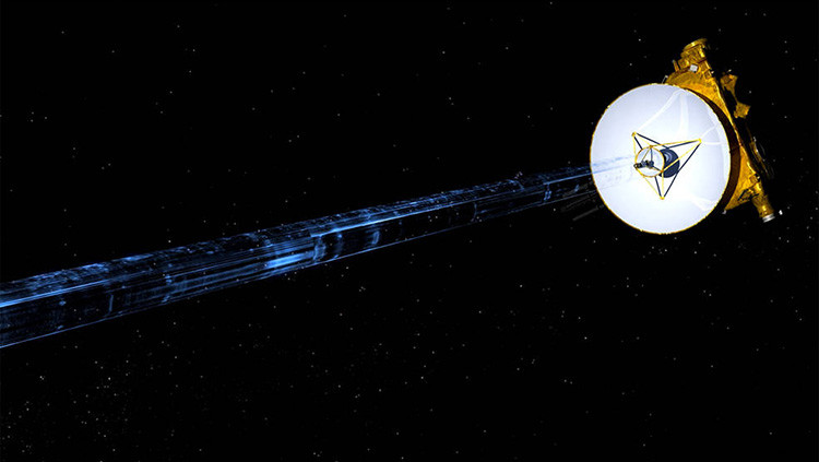 Ilustración artística de la transmisión de datos a la Tierra por la sonda de la NASA New Horizons.