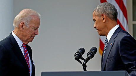 El presidente Barack Obama y su vicepresidente Joe Biden tras la intervención de Obama sobre los resultados de las elecciones, 9 de noviembre de 2016.
