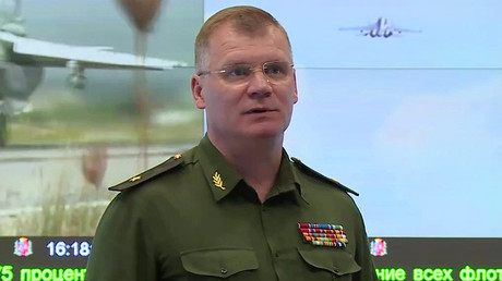 El portavoz del Ministerio de Defensa ruso, el general mayor  Ígor Konashénkov en una rueda de prensa acerca de la situación en Siria